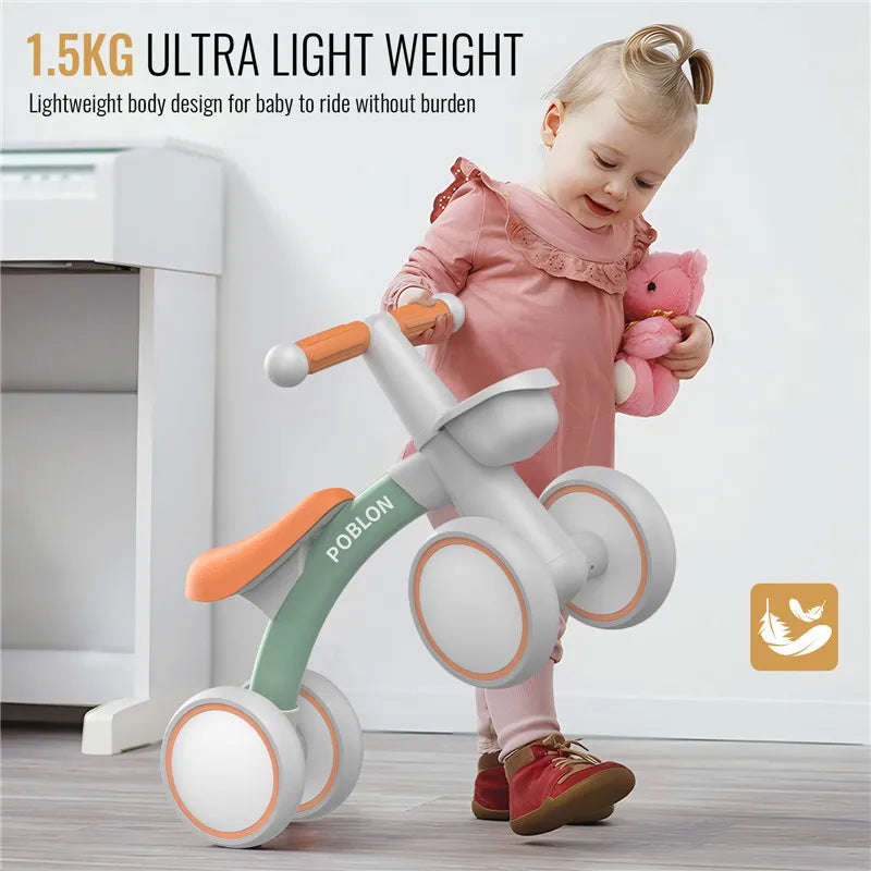 Baby Balance Bike with 4 Wheels – Adjustable Seat Toddler Walker Bicycle, Birthday Gift for Boys & Girls