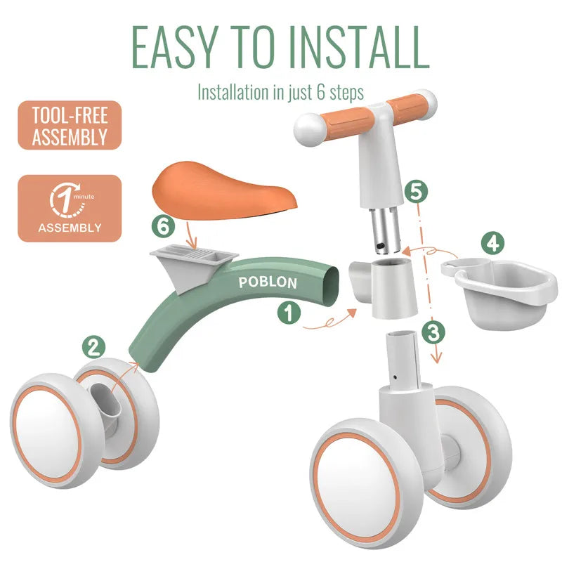 Baby Balance Bike with 4 Wheels – Adjustable Seat Toddler Walker Bicycle, Birthday Gift for Boys & Girls